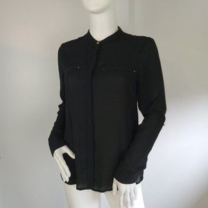 Mango MNG Women's Button Front Blouse Size XXS Black Semi Sheer Collarless Top